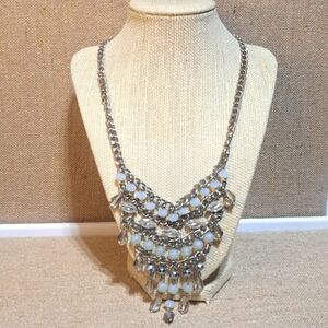 Silver Chunky Beaded Chain Statement Necklace Crystal Glass Beads
